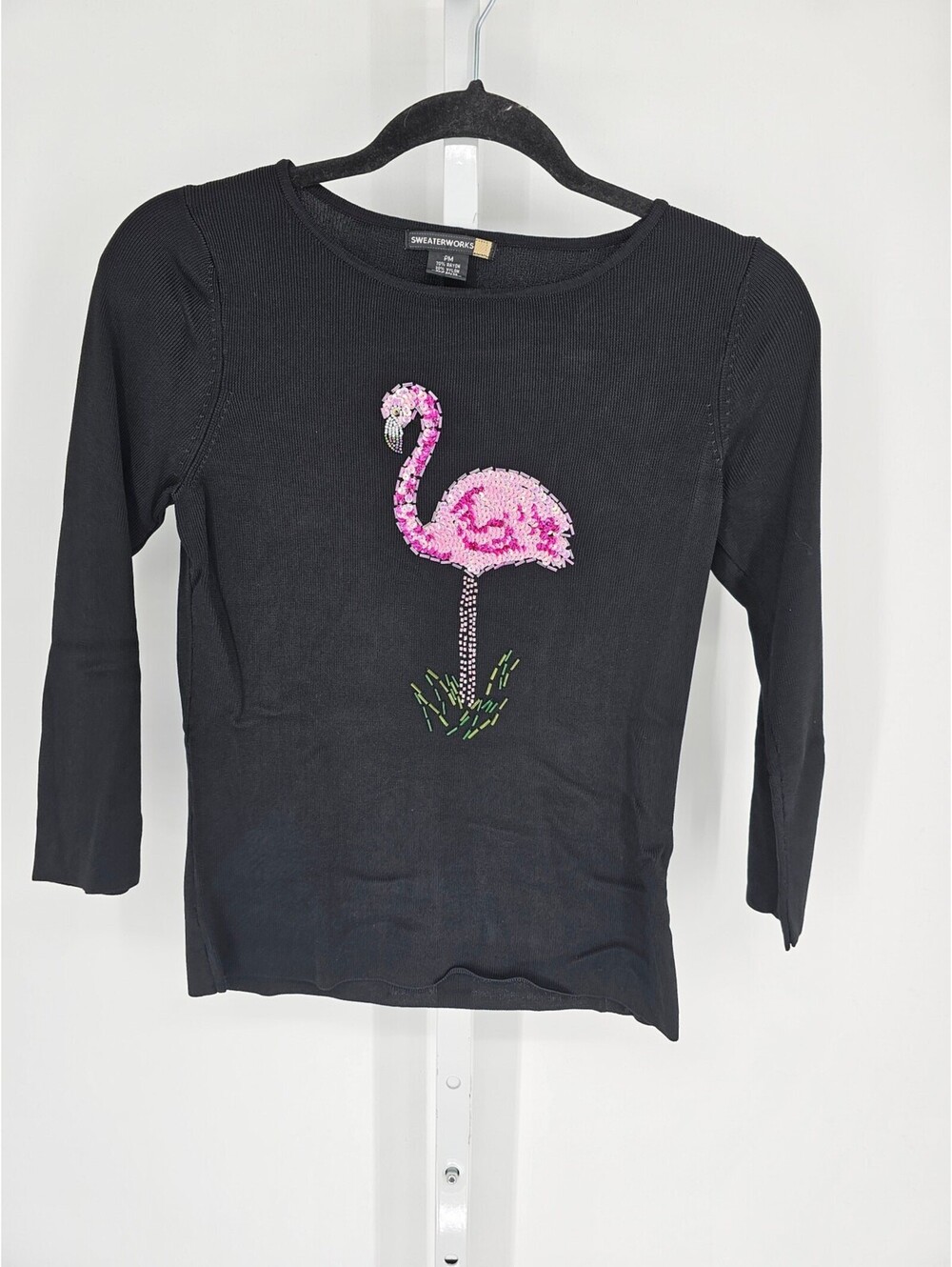 Sweaterworks Women's Black Long Sleeve Sequins Beaded Flamingo Sweater Size PM